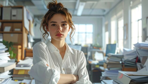 A woman with arms crossed in a cluttered office space