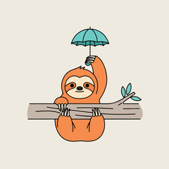 Fototapeta premium A cute cartoon orange sloth hanging on a branch while holding a small umbrella