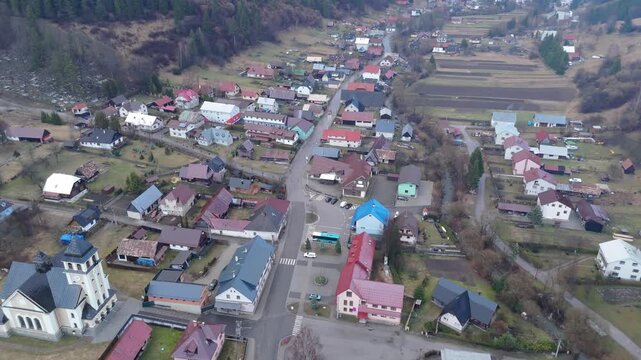 Rural Village Architecture in Mountain Valley Aerial Perspective