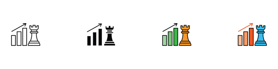 Business strategy and growth icon set for financial success and career planning. Minimalist collection of chess rook and bar chart graph symbols with rising arrow. Vector Illustration. © MdNurul
