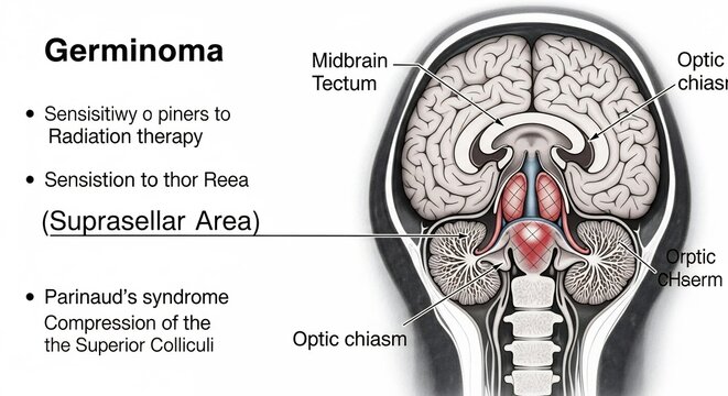 Diagram Illustrating Germinoma Brain Tumor Location and Effects.