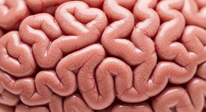 Close-up view of the intricate folds and grooves of the human brain cortex.