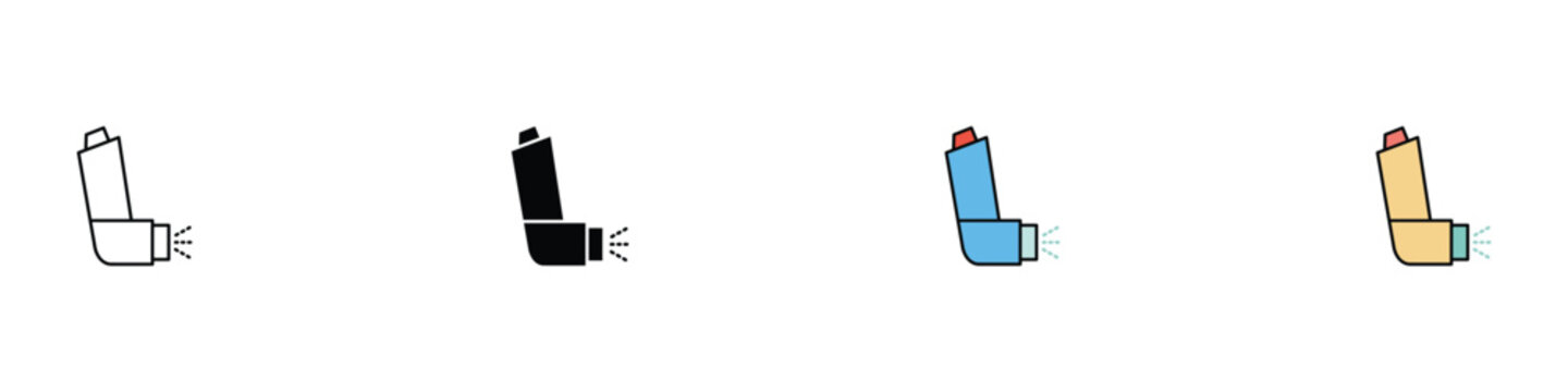 Asthma inhaler icon set for respiratory health and medical treatment concept. Minimalist collection of pocket nebulizer and breathing relief symbols. Vector Illustration.