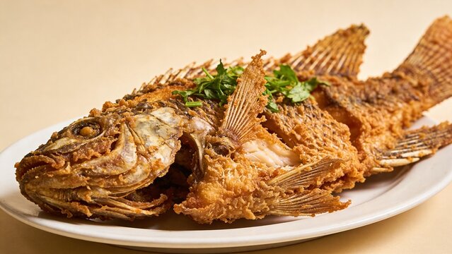 Crispy deep fried whole fish on a white plate, golden brown Ikan Goreng with rough texture and herbs, traditional Southeast Asian seafood dish, studio food photography