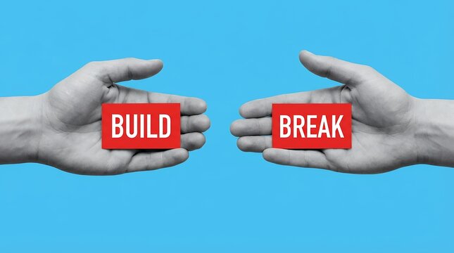 Two hands hold red cards with white text one card says BUILD the other says BREAK against a blue backdrop word choice decision opposite concept contrast dichotomy option strategy