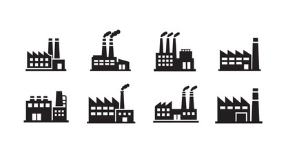 Naklejka premium Eight black factory icons with smokestacks against a white background