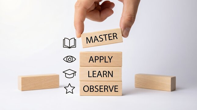 Hand placing wooden block with MASTER text on stack of blocks labeled APPLY LEARN and OBSERVE with icons MASTER APPLY LEARN OBSERVE education progression concept skill knowledge