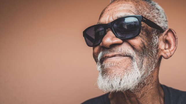 Portrait of senior man in sunglasses smiling calmly, warm solid background, soft light, high detail, concept of relaxation and life satisfaction