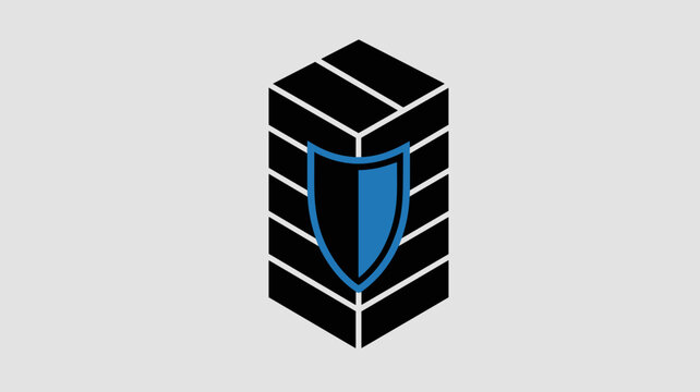 Vector server tower with glowing blue shield on front - for cybersecurity visuals