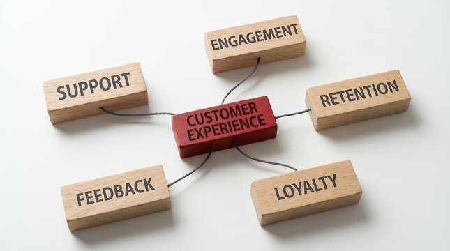 Wooden blocks with text depicting customer experience engagement retention loyalty feedback and support arranged in a connecting diagram business strategy marketing service