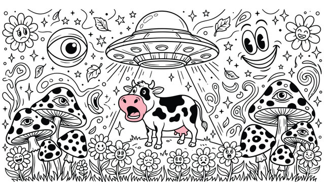Black and white coloring page of alien ufo cow abduction with mushrooms and daisy flowers.