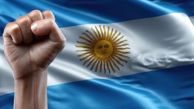Argentine national emblem waving, patriotic spirit and independence, raised fist signifying unity and collective power, national celebration, freedom concept