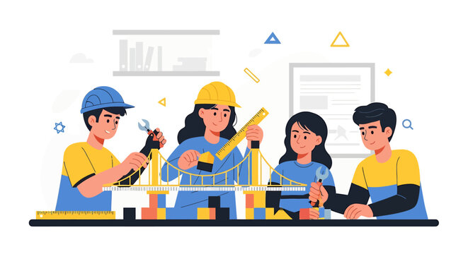 Group of students working on a construction project together.