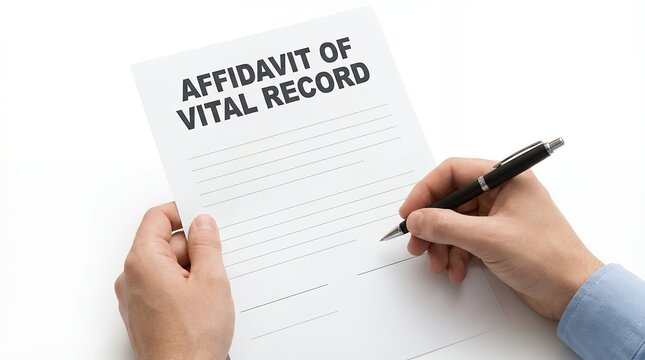 Close up of a person's hands holding an affidavit of vital record document and a pen ready to sign signing legal paper writing signature official statement information form