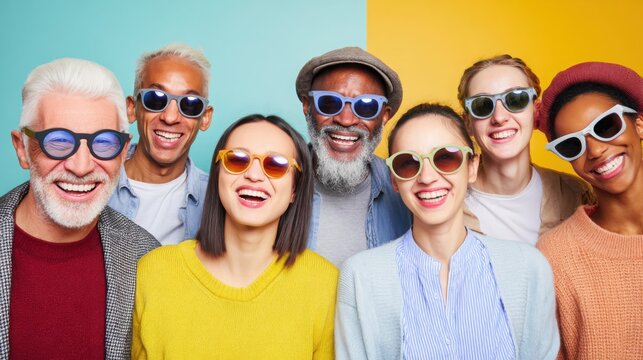 Small group of diverse people wearing sunglasses, smiling at camera, clean colorful background, bright even lighting, high detail, concept