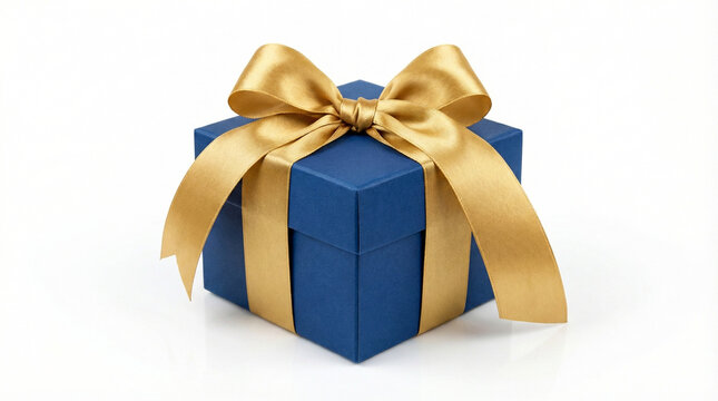 Caixa de presente azul elegante com la&ccedil;o dourado isolada no fundo branco, conceito de celebra&ccedil;&atilde;o.