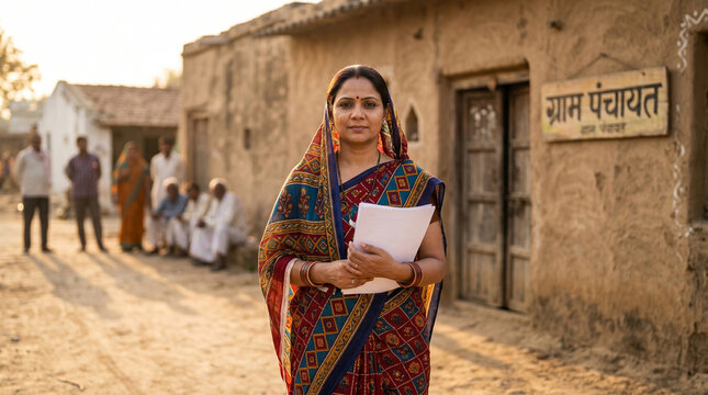 Indian Woman Village Leader in Front of Gram Panchayat Office