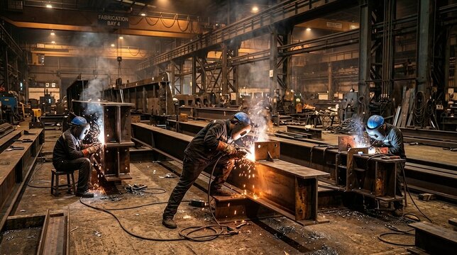 Industrial workers welding metal beams in a busy factory