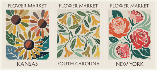 Naklejka na ściany i meble Trendy botanical Flower Market poster set with Kansas sunflower South Carolina jessamine and New York rose in modern naive groovy floral design