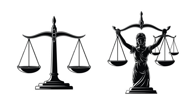 Lady justice holding scales of justice in a vintage engraving style