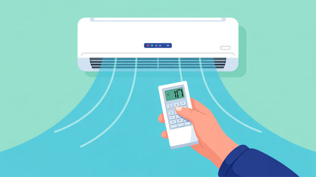 A hand holding a remote control adjusting a wall mounted air conditioner