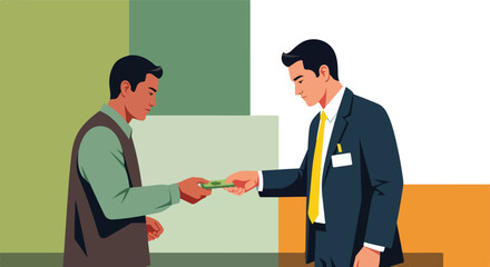 Obraz premium A person in business attire hands a stack of money to another man in an office