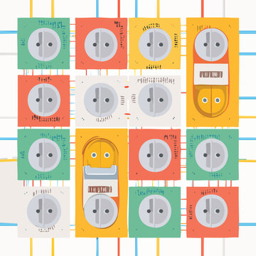 Diverse array of colorful european type f schuko electrical outlets and switches arranged in a grid pattern with exposed wiring depicting complex power infrastructure wall sockets power plugs