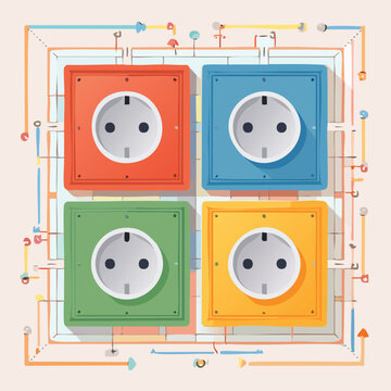 Four colorful european type f schuko electrical outlets connected in a square grid with visible circuit lines illustrating power distribution technology electrical plug power socket wall socket