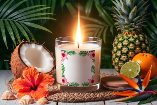 Candela profumata tropicale con etichetta personalizzabile tra fiori di ibisco e frutta esotica. Generative AI 