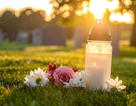 A serene cemetery scene featuring a lit candle within a glass holder, flowers, and gravestones bathed in warm sunlight