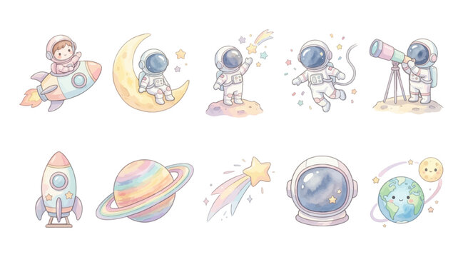 Watercolor Cute Astronaut Clipart Set &mdash; 10 Space Explorer Rocket Planet Moon Nursery Illustration