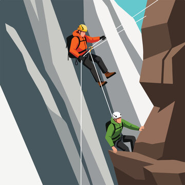 Two rock climbers rappelling down a steep mountain face with ropes and helmets