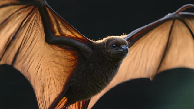 Close Up of a Flying Fox Fruit Bat Soaring with Outstretched Translucent Wings and Backlit Fur Detail in the Dark Night