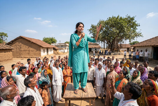 Young Indian Woman Addressing Rural Village Crowd at Gram Panchayat