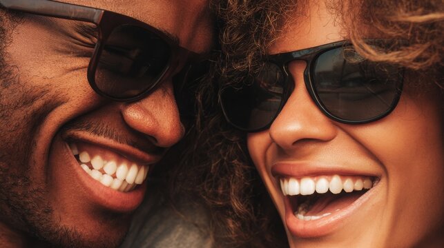 Two people wearing sunglasses smiling and laughing, close up, solid clean background, soft light, high detail, concept of happiness and lifestyle