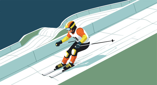 An athlete in sportswear with helmet and goggles skiing down a snowy ramp track