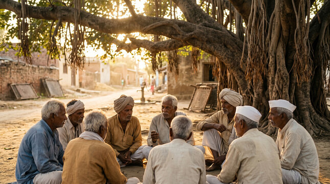 Village Panchayat Elders Meeting under Banyan Tree in Rural India