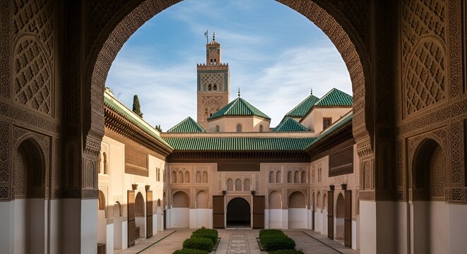 Moroccan Courtyard Architecture with Minaret Tower and Green Roofs