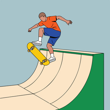 A skater performs a trick on a half-pipe ramp in a flat, minimalist illustration