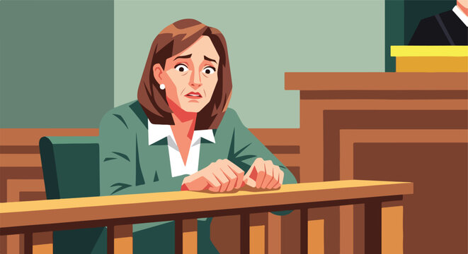 A nervous woman sits at a wooden table in a courtroom, looking quite distressed