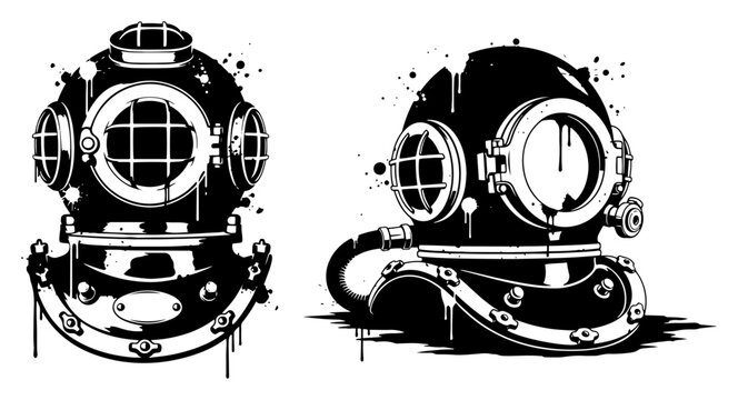 Vintage diving helmets in deep sea diver graffiti stencil style