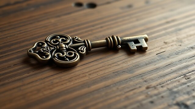 An ornate antique brass key resting on aged wood, symbolic of authority.