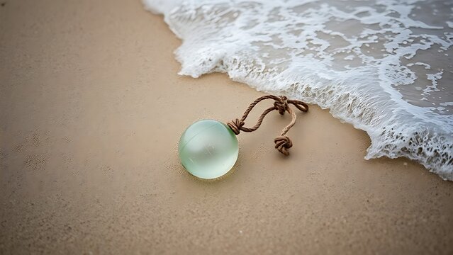 A solitary glass fishing float half-buried in wet sand, tangled with old rope, gentle waves nearby.