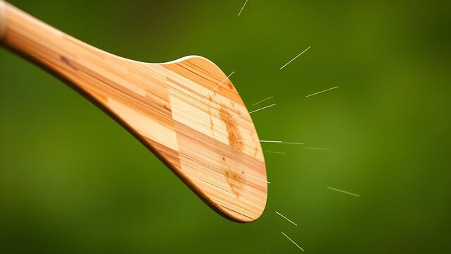 Close-up of a wooden stick making contact with a ball in mid-air, motion blur.