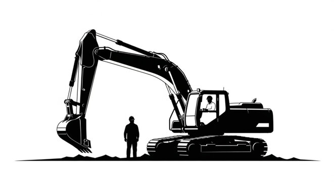 Yellow excavator machine working on a construction site and isolated on a white background digging earth with heavy equipment