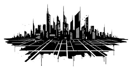 Obraz premium City skyline silhouette with street grid and skyscraper buildings in urban stencil style