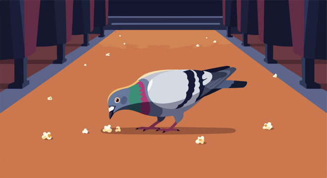 A pigeon pecking at scattered popcorn on a cinema floor between theater seats