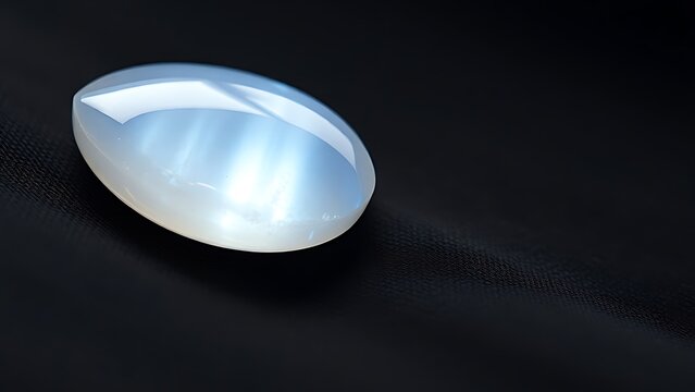 A moonstone gemstone glowing softly on dark fabric, close-up view.