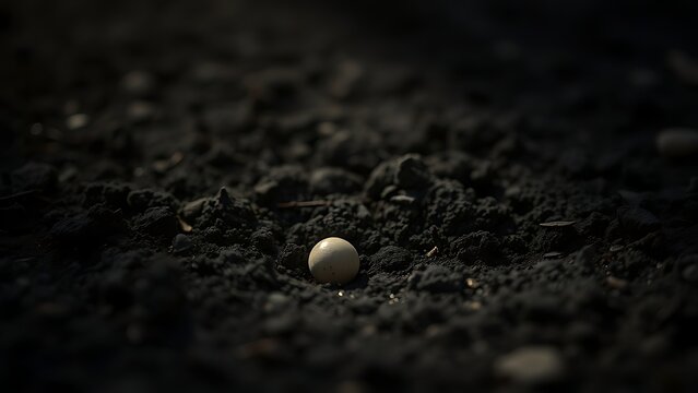 A single seed buried in dark, rich soil with subtle highlights.