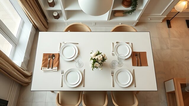 A beautifully set dining table with plates and cutlery from an overhead view.